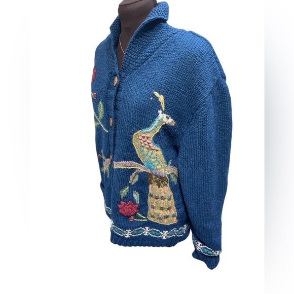 Lost Horizons Wool Peacock Handcrafted Sweater Jacket Womens L Fleece Lined Boho - Picture 3 of 12